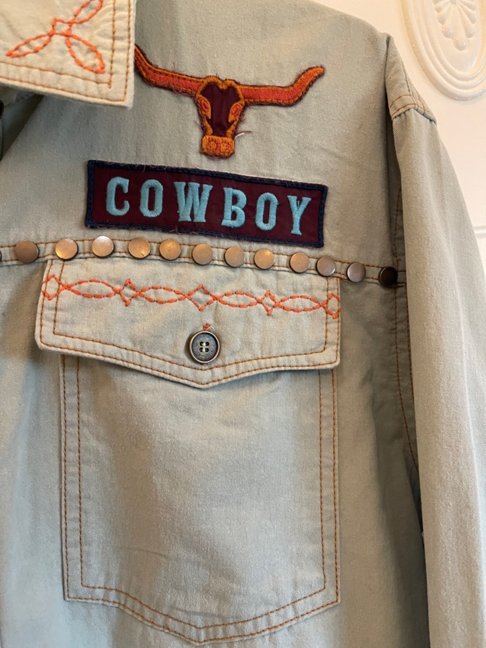 Double D Ranch Khaki Button-Down with Red & Blue Horse Panel - Picture 4 of 8